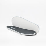 A pair of SALE - Smoke/Lime Fire BILLY Sport Inclusion insoles by BILLY Footwear, one flat showing a dark gray top with white sides, the other propped up to reveal a white bottom, displayed on a plain white background.