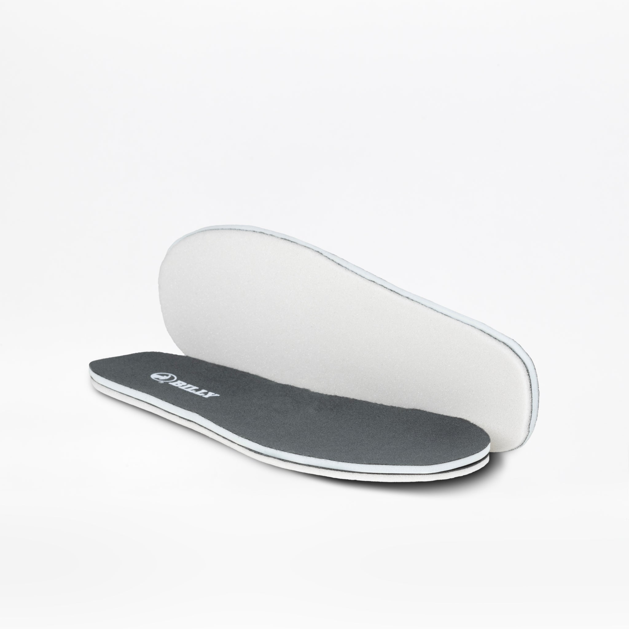 A pair of SALE - Smoke/Lime Fire BILLY Sport Inclusion insoles by BILLY Footwear, one flat showing a dark gray top with white sides, the other propped up to reveal a white bottom, displayed on a plain white background.