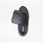 The SALE - Smoke/Lime Fire BILLY Sport Inclusion by BILLY Footwear is a dark gray kids’ slip-on sneaker with a soft, padded flap, neon green sole, and adaptive design. The insole is labeled BILLY. Shown on a white background.