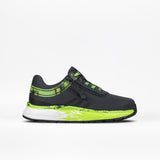 The SALE - Smoke/Lime Fire BILLY Sport Inclusion kids sneaker by BILLY Footwear is black with neon green accents, a white and green gradient sole, and an adaptive design. Shown in side profile on a plain white background.