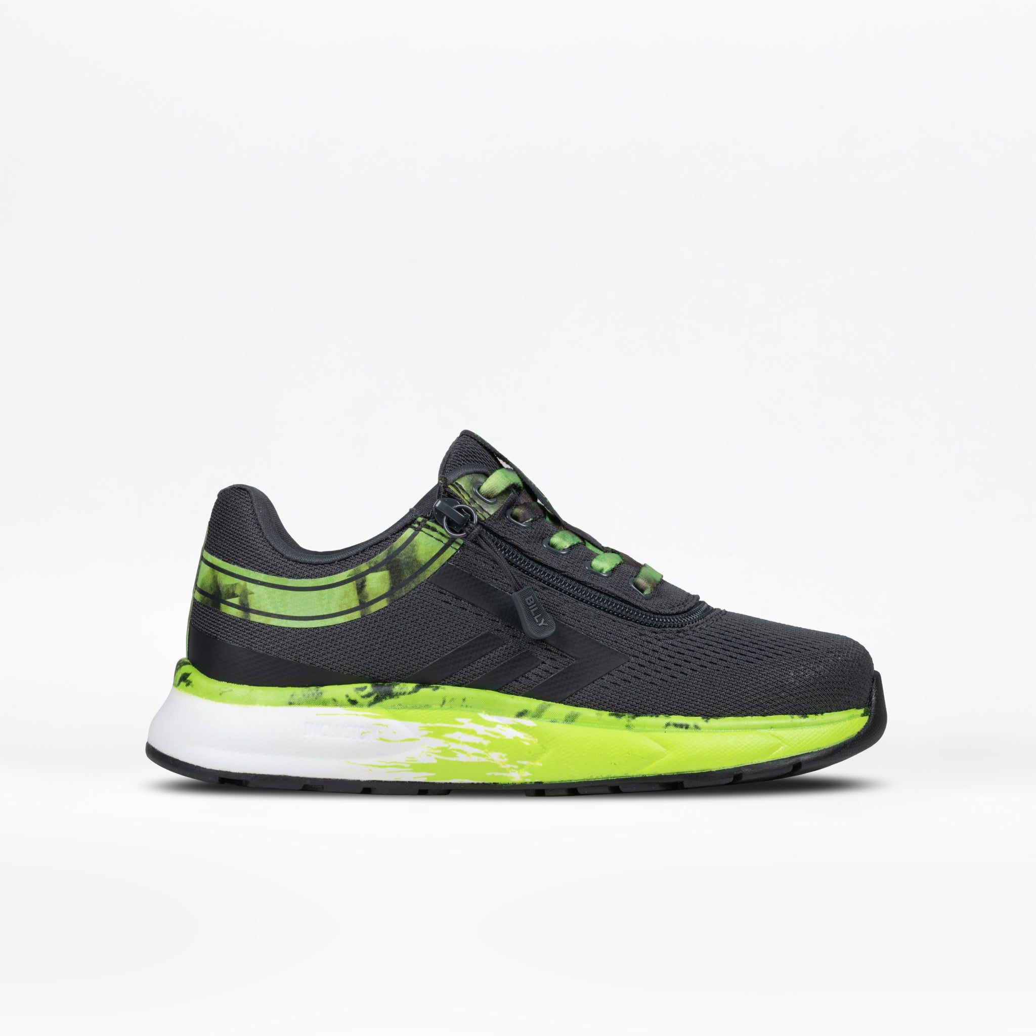 The SALE - Smoke/Lime Fire BILLY Sport Inclusion kids sneaker by BILLY Footwear is black with neon green accents, a white and green gradient sole, and an adaptive design. Shown in side profile on a plain white background.