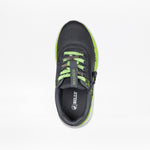 Top view of the SALE - Smoke/Lime Fire BILLY Sport Inclusion kids’ athletic shoe by BILLY Footwear, featuring a black and green adaptive design with side zipper, green laces, a green sole edge, and “INCLUSION” on the tongue.