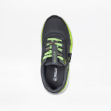 Top view of the SALE - Smoke/Lime Fire BILLY Sport Inclusion kids’ athletic shoe by BILLY Footwear, featuring a black and green adaptive design with side zipper, green laces, a green sole edge, and “INCLUSION” on the tongue.