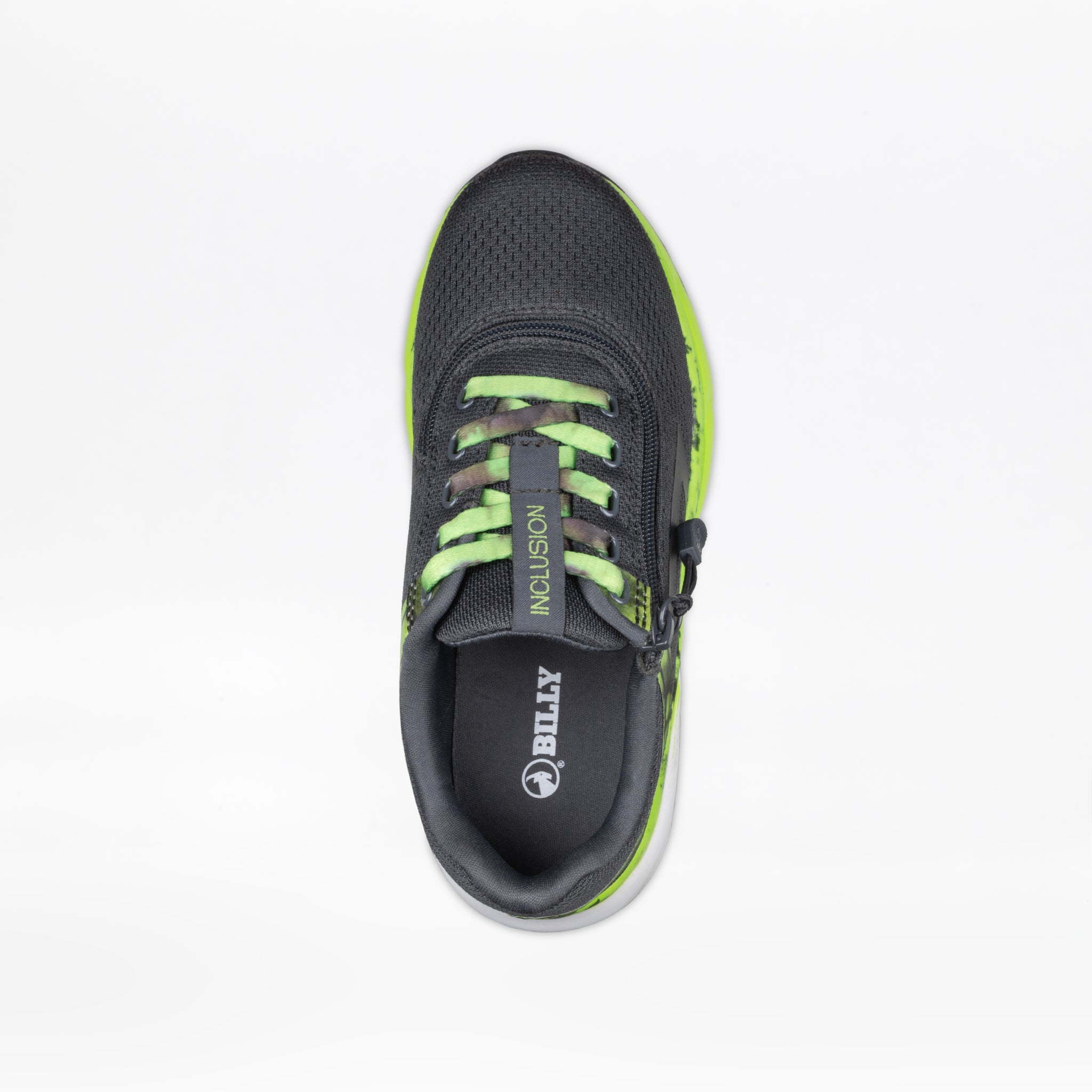 Top view of the SALE - Smoke/Lime Fire BILLY Sport Inclusion kids’ athletic shoe by BILLY Footwear, featuring a black and green adaptive design with side zipper, green laces, a green sole edge, and “INCLUSION” on the tongue.