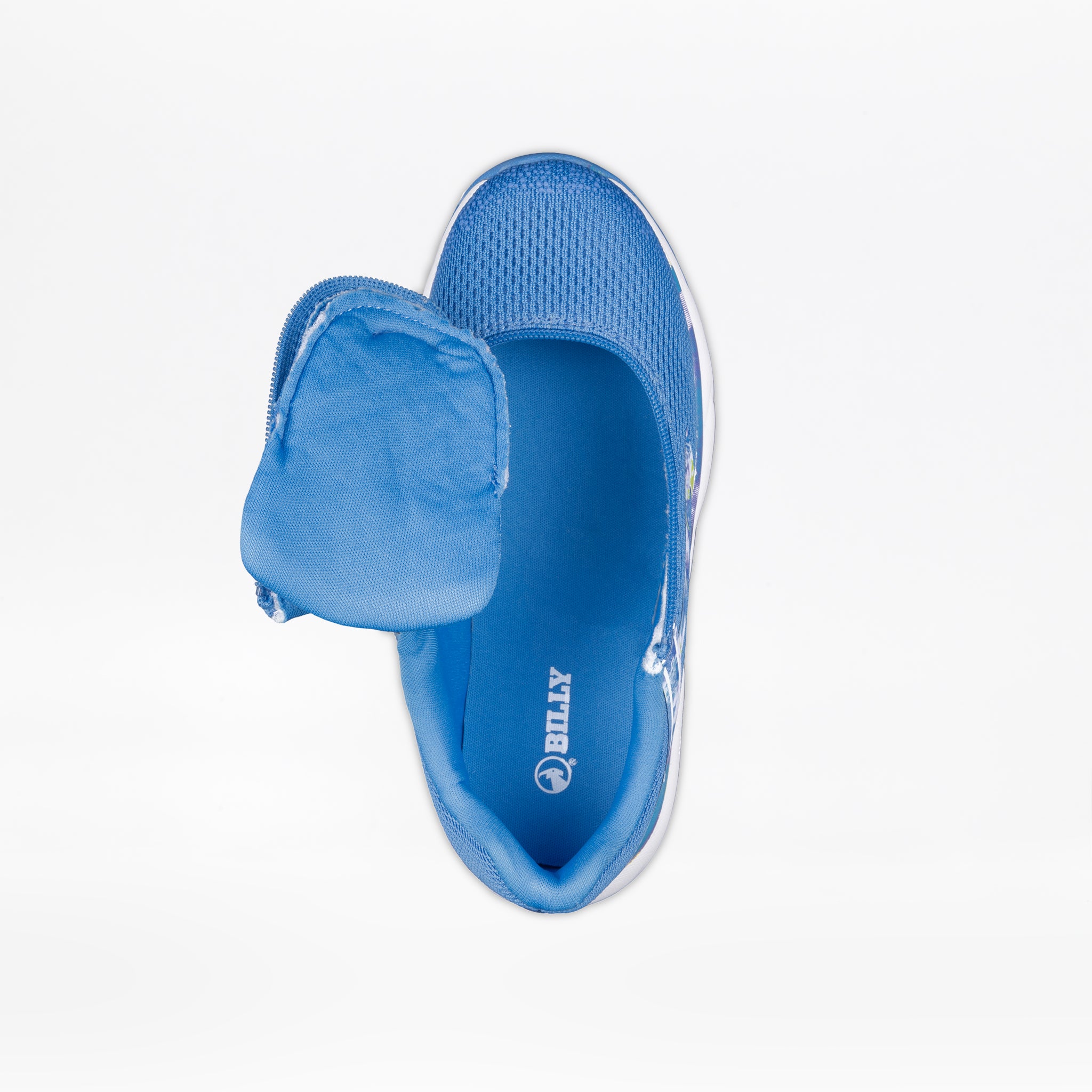 The SALE - Blue Marble BILLY Sport Inclusion shoe by BILLY Footwear is shown from above with its mesh upper, unzipped tongue flipped open, and the inside displaying the BILLY name and circular logo on a white background.