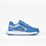 The SALE - Blue Marble BILLY Sport Inclusion kids' sneaker by BILLY Footwear features a blue upper, white sole, semi-transparent side panels, and blue, white, and purple accents—displayed on a white background.