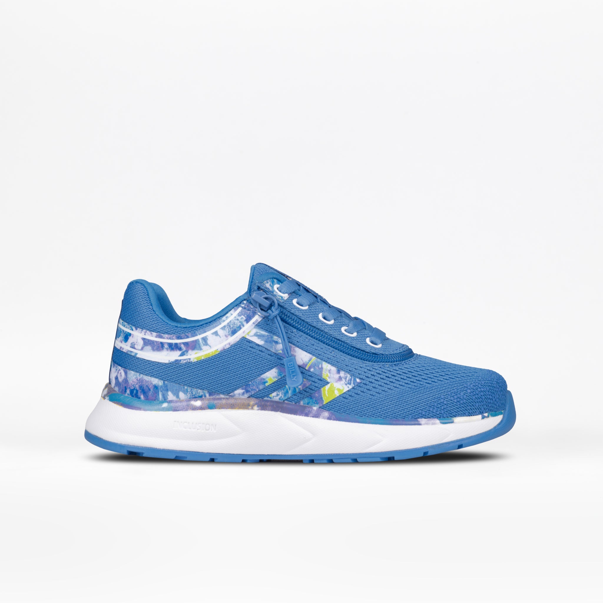 The SALE - Blue Marble BILLY Sport Inclusion kids' sneaker by BILLY Footwear features a blue upper, white sole, semi-transparent side panels, and blue, white, and purple accents—displayed on a white background.