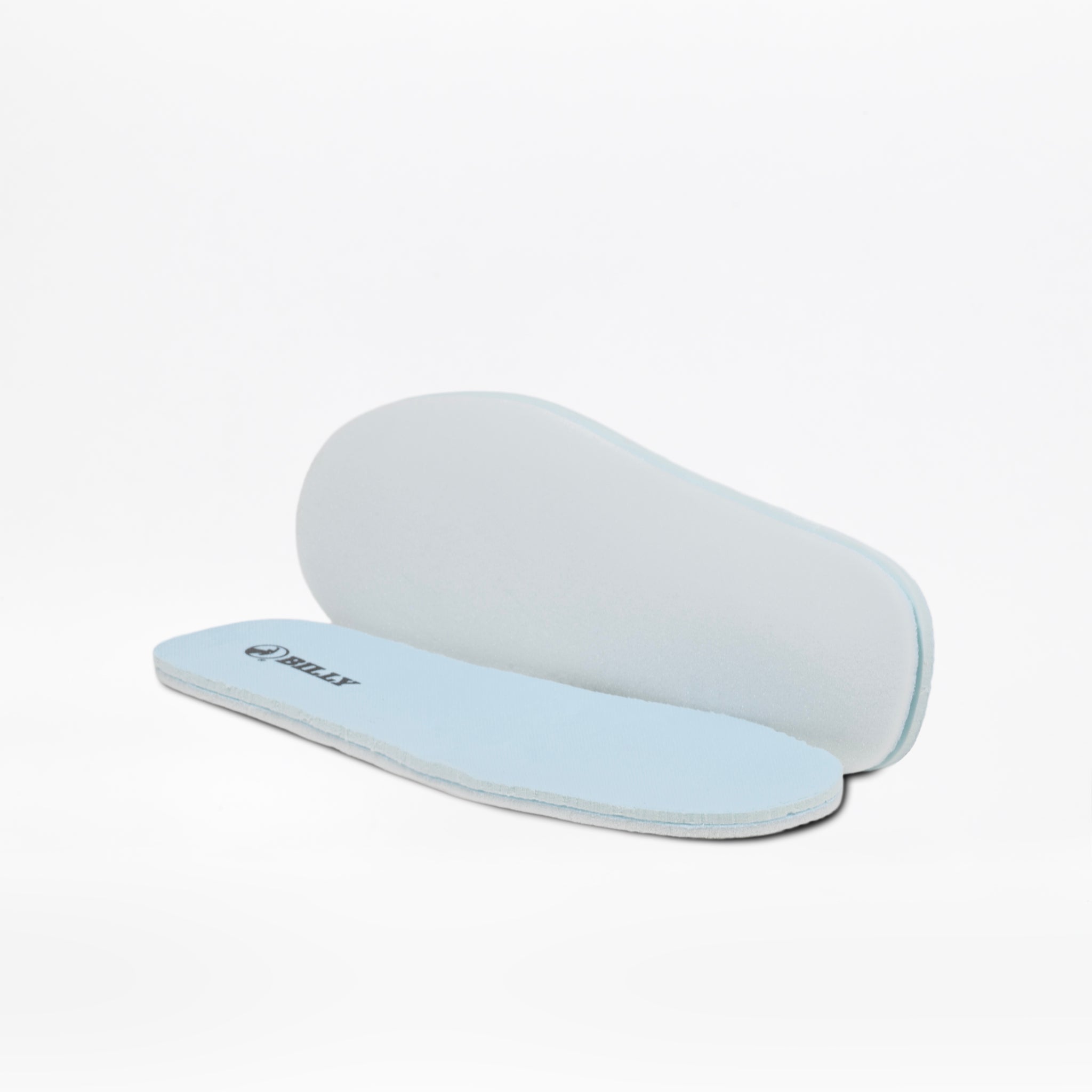 A pair of light blue foam insoles, with one lying flat and the other propped up behind it on a white background—ideal for the SALE - Sky Blue BILLY Sport Inclusion shoes by BILLY Footwear.
