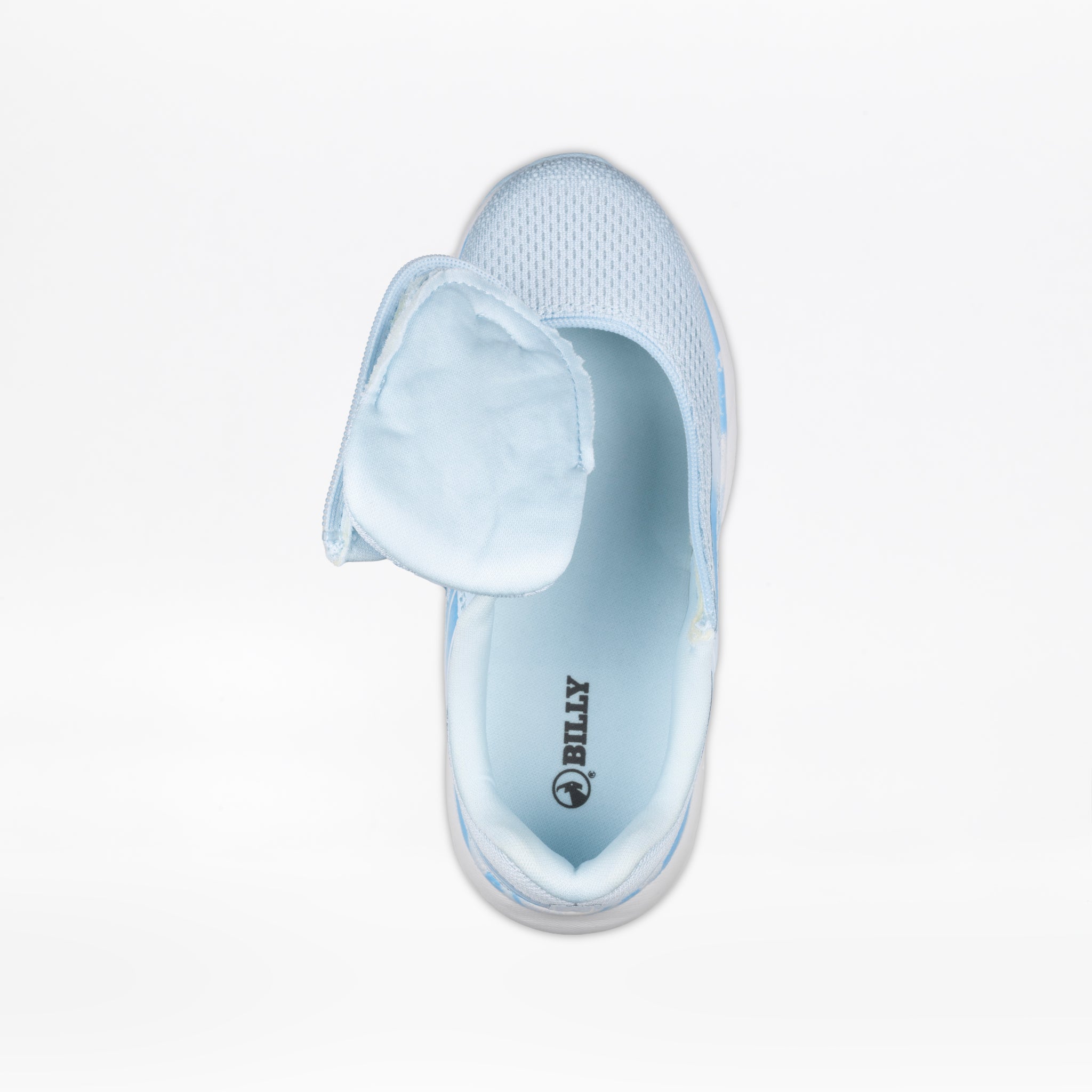 Top view of the SALE - Sky Blue BILLY Sport Inclusion kids sneaker by BILLY Footwear, featuring a wide open zipper flap that reveals the branded insole, all set against a white background.
