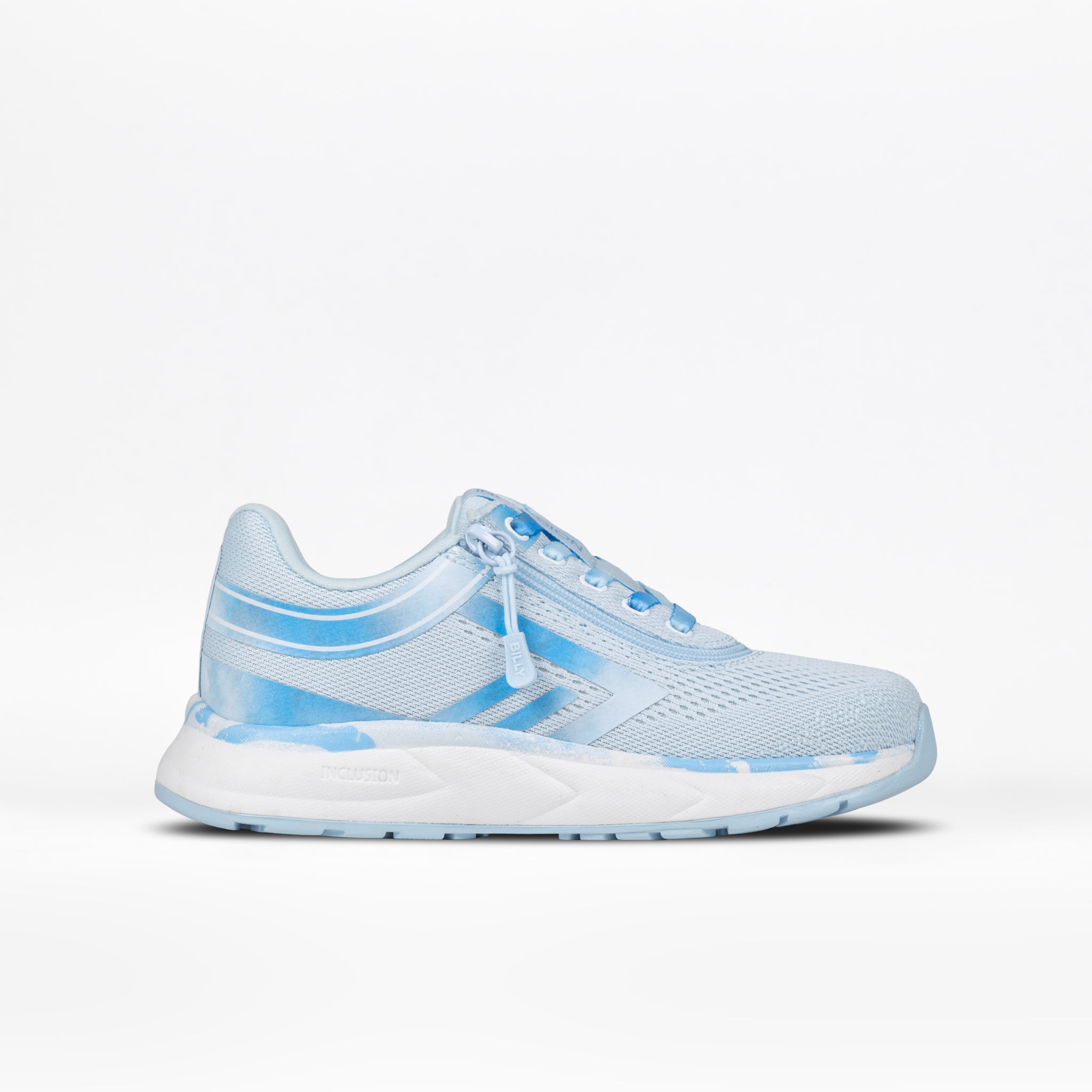 The SALE - Sky Blue BILLY Sport Inclusion sneaker by BILLY Footwear features a mesh upper, lace-up closure, cushioned sole, and side zipper for easy wear. Displayed in side profile on a plain white background, it's stylish and practical for kids.