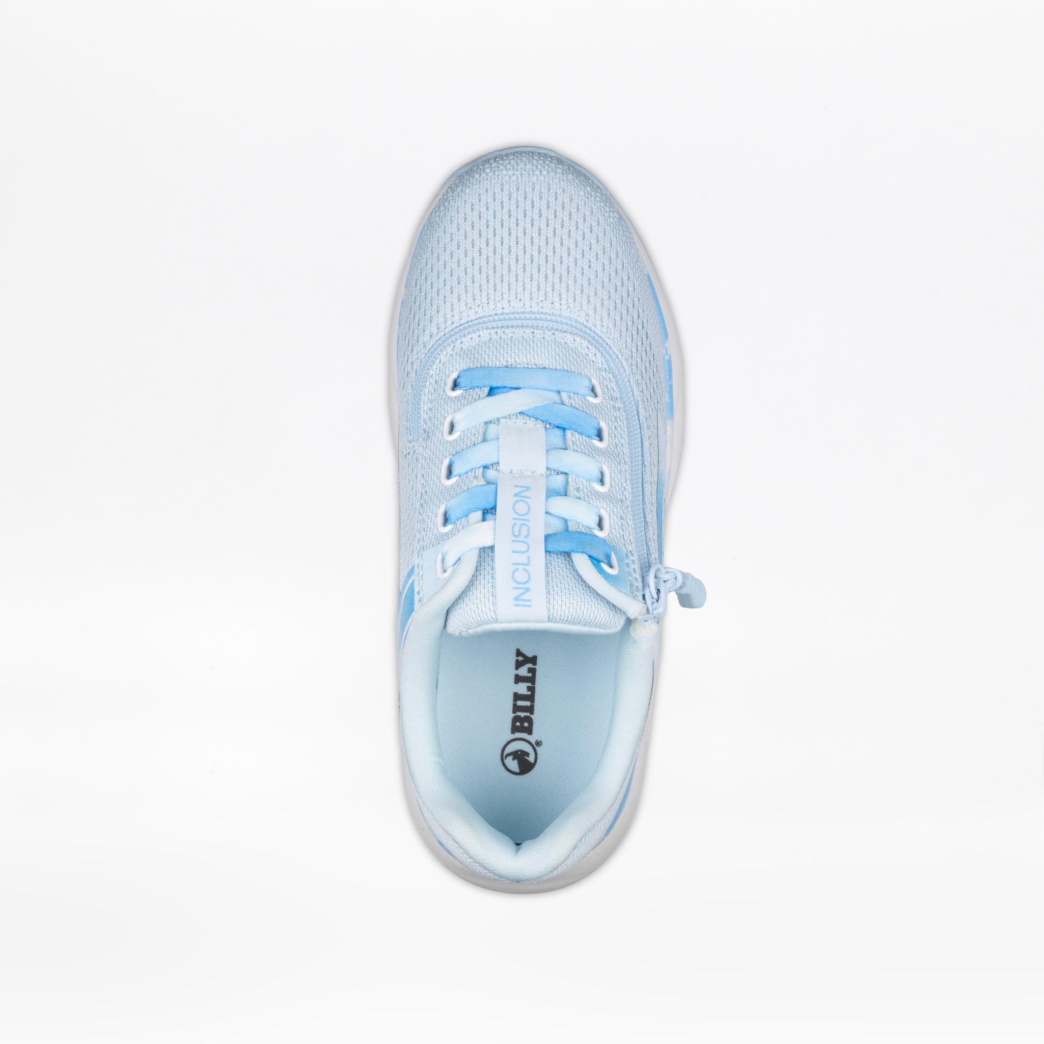 The SALE - Sky Blue BILLY Sport Inclusion by BILLY Footwear is a kids’ athletic zipper shoe with mesh fabric, blue and white accents, "INCLUSION" on the tongue, and the Billy logo on the insole for easy access and style.