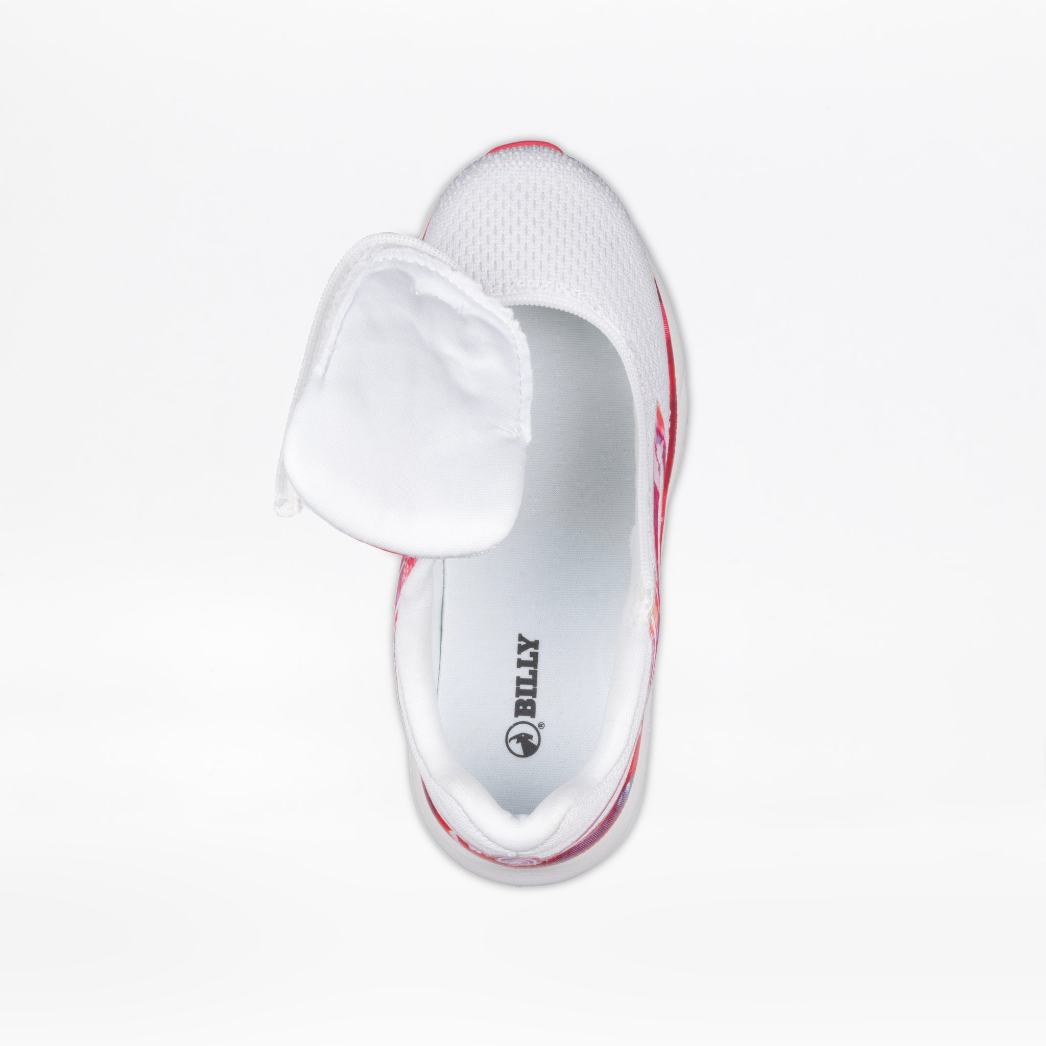 The SALE - Pink Marble BILLY Sport Inclusion by BILLY Footwear is a kids’ slip-on zipper shoe featuring a mesh upper, partially open top flap, red sole accent, and “BILLY” insole. Shown from above on a white background. Ideal for young sneaker fans.