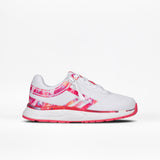 A white kids' sneaker by BILLY Footwear with pink and red abstract patterns, white laces, and a pink outsole, inspired by the Pink Marble BILLY Sport Inclusion. Displayed on a plain white background.