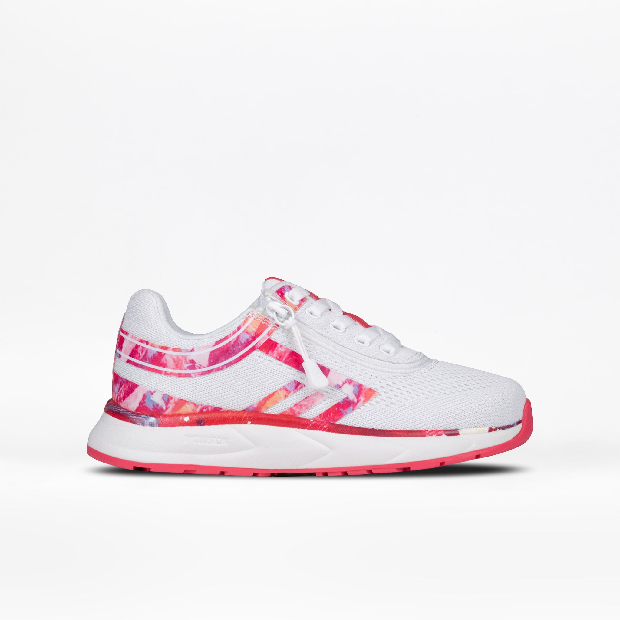 A white kids' sneaker by BILLY Footwear with pink and red abstract patterns, white laces, and a pink outsole, inspired by the Pink Marble BILLY Sport Inclusion. Displayed on a plain white background.