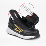 The Black/Gold BILLY Goat Hoop by BILLY Footwear is a kids’ adaptive sneaker with gold accents, a white sole, and an unzipped upper. A circular inset shows its white closure with black stitching detail.