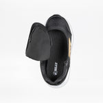 Top view of the Black/Gold BILLY Goat Hoop by BILLY Footwear, featuring a wide-open zipper flap, visible insole with the brand logo, a white sole, and gold side accent—stylish adaptive footwear for kids.