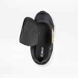 Top view of the Black/Gold BILLY Goat Hoop by BILLY Footwear, featuring a wide-open zipper flap, visible insole with the brand logo, a white sole, and gold side accent—stylish adaptive footwear for kids.