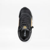 The Black/Gold BILLY Goat Hoop from BILLY Footwear is an AFO-friendly kids’ shoe with gold accents, black laces, a white sole, a branded tongue, and a side zipper for easy access.