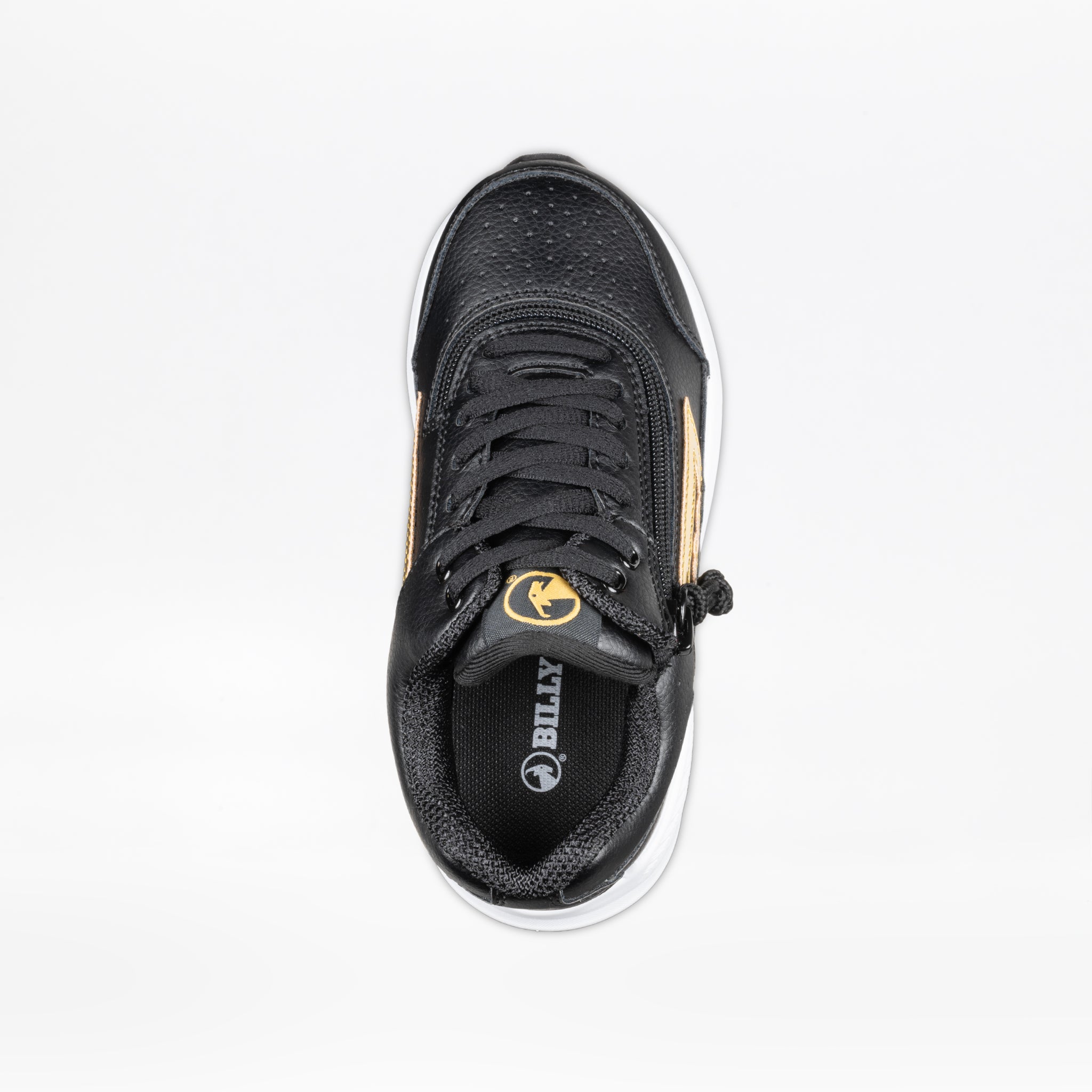 The Black/Gold BILLY Goat Hoop from BILLY Footwear is an AFO-friendly kids’ shoe with gold accents, black laces, a white sole, a branded tongue, and a side zipper for easy access.