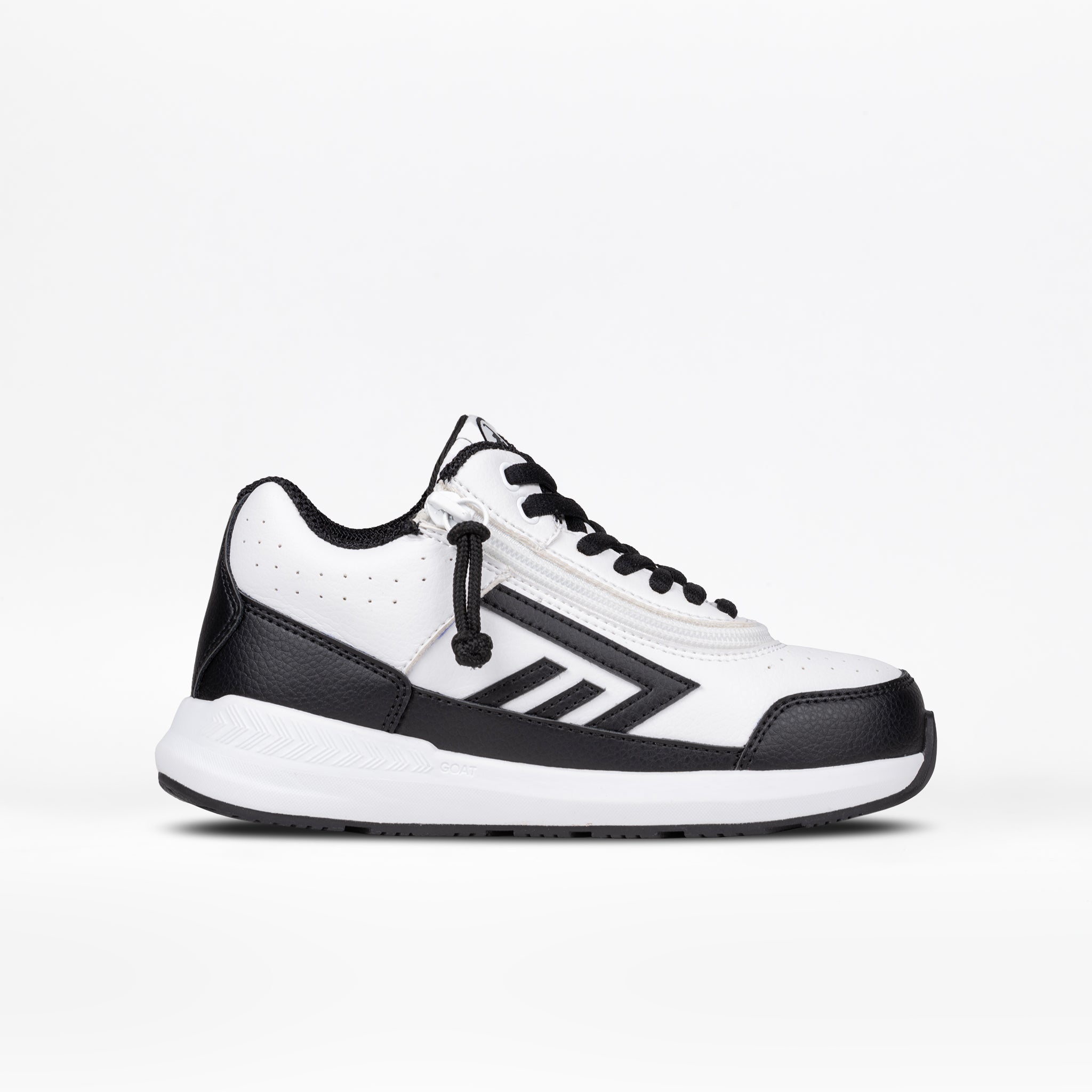 The White/Black BILLY Goat Hoop by BILLY Footwear is an AFO-friendly athletic sneaker with a black sole, laces, and heel/toe accents, designed for comfort and support in kids’ adaptive footwear. Displayed on a plain white background.