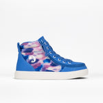 A pair of Blue Marble BILLY Street High Tops sneakers with colorblock design, predominantly blue with purple and pink tie-dye patterns on the side.