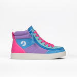 The Bayside BILLY Street High is a vibrant colorblock sneaker with a blue toe, mint green front, purple middle, pink heel, pink laces, wraparound zipper, white sole, and goat logo on a white background.
