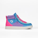 The Bayside BILLY Street High is a vibrant colorblock sneaker with a blue toe, mint green front, purple middle, pink heel, pink laces, wraparound zipper, white sole, and goat logo on a white background.