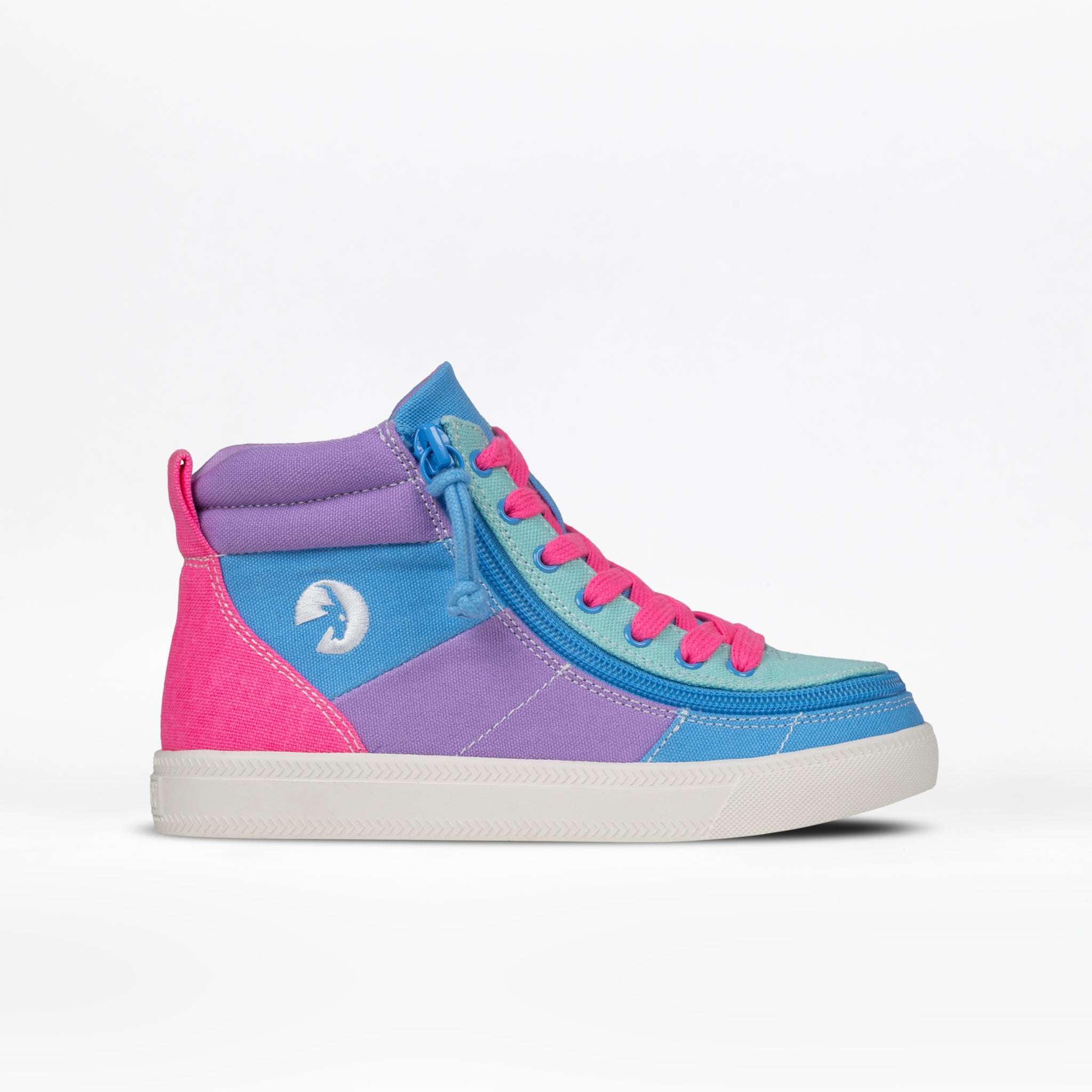 The Bayside BILLY Street High is a vibrant colorblock sneaker with a blue toe, mint green front, purple middle, pink heel, pink laces, wraparound zipper, white sole, and goat logo on a white background.