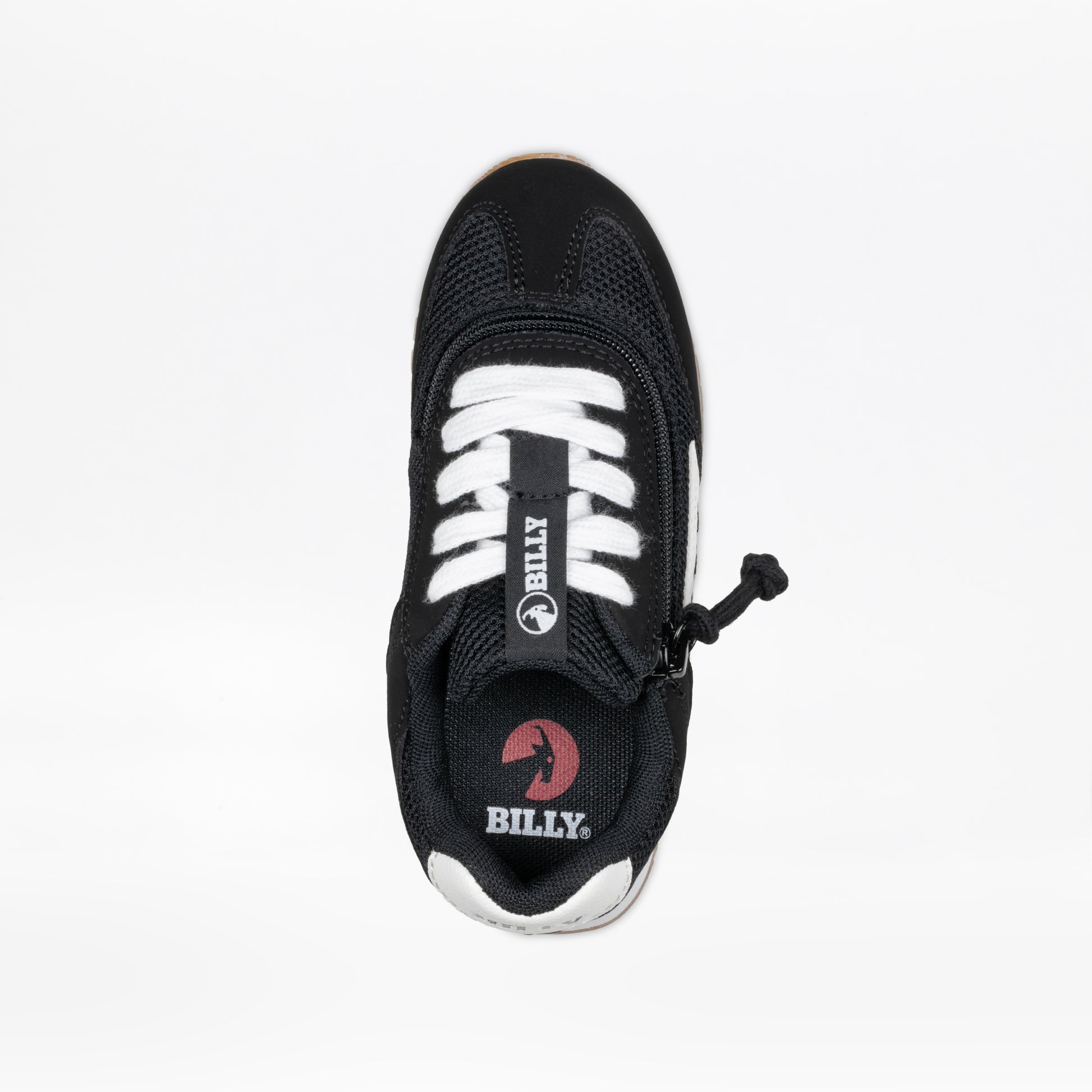 The Black BILLY Retro Jogger by BILLY Footwear, shown from above with white laces and “BILLY” on the tongue, features a side zipper and retro-inspired details near the toe against a white background.