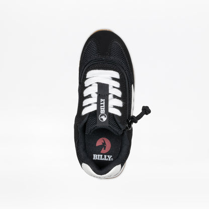 The Black BILLY Retro Jogger by BILLY Footwear, shown from above with white laces and “BILLY” on the tongue, features a side zipper and retro-inspired details near the toe against a white background.