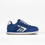 The BILLY Footwear Kids'/Toddler Retro Jogger in blue features white laces, mesh panels, white accents, and a tan rubber sole, shown on a plain white background—a stylish sneaker choice for kids'/toddlers.