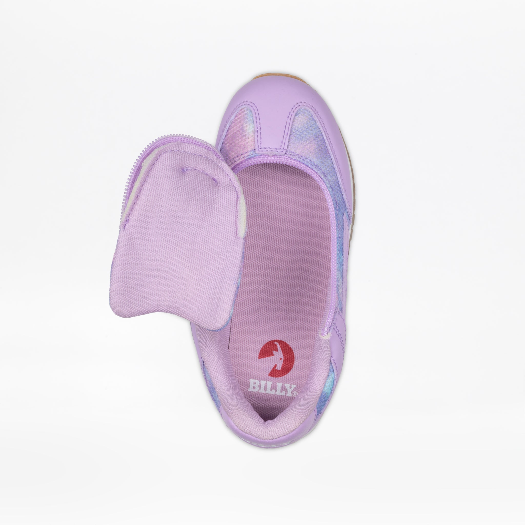The Lilac BILLY Retro Jogger by BILLY Footwear features a partially open zippered upper flap that reveals the interior and the BILLY logo on the insole. This stylish kids'/toddler shoe is shown against a white background.