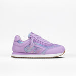 The Lilac BILLY Retro Jogger by BILLY Footwear features a pastel purple mesh and leather upper, white midsole, brown rubber outsole, purple laces, and a subtle pink and blue side pattern.