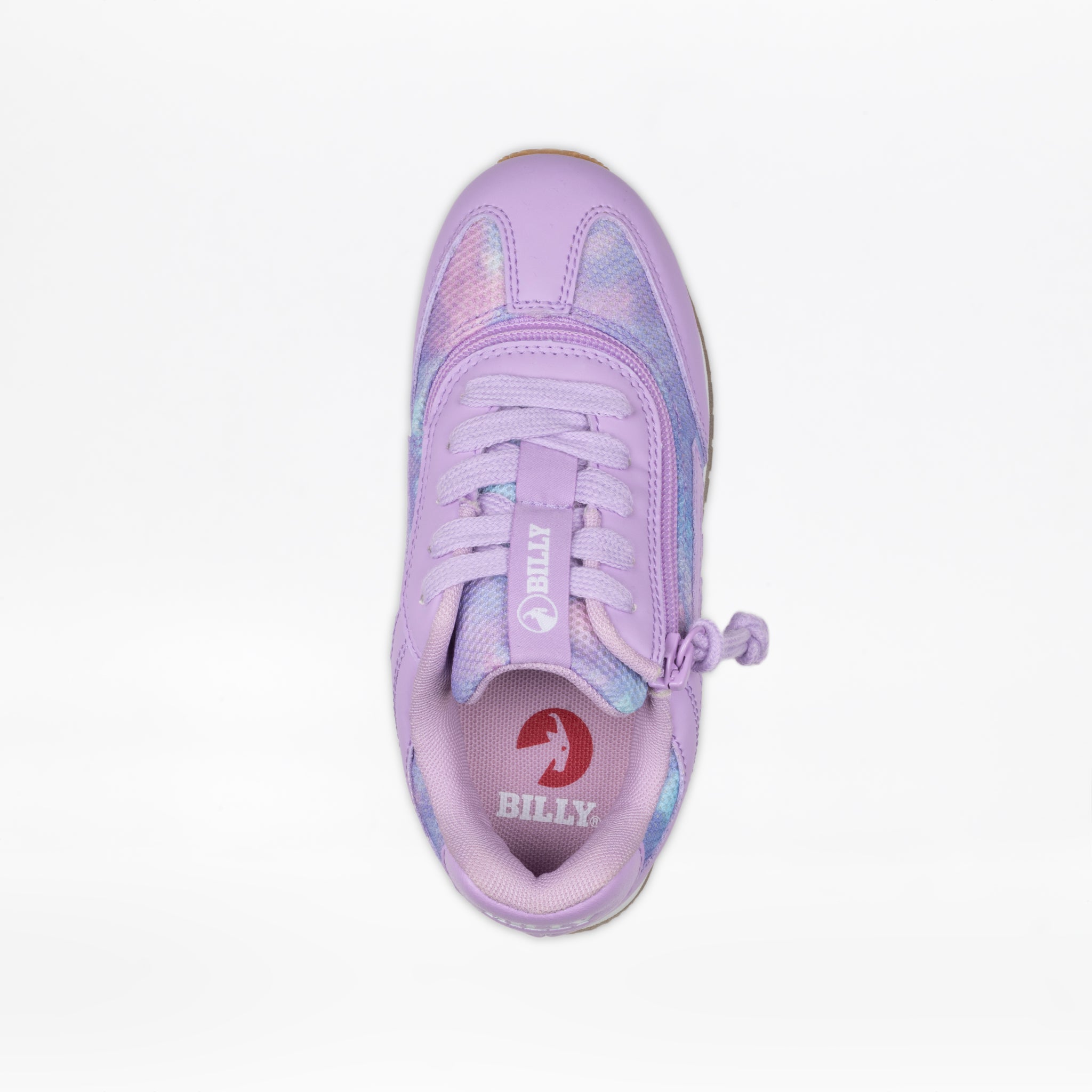 A top view of the Lilac BILLY Retro Jogger by BILLY Footwear shows lavender laces, a tongue zipper, and the BILLY name on both tongue and red insole—ideal for kids who love retro style.