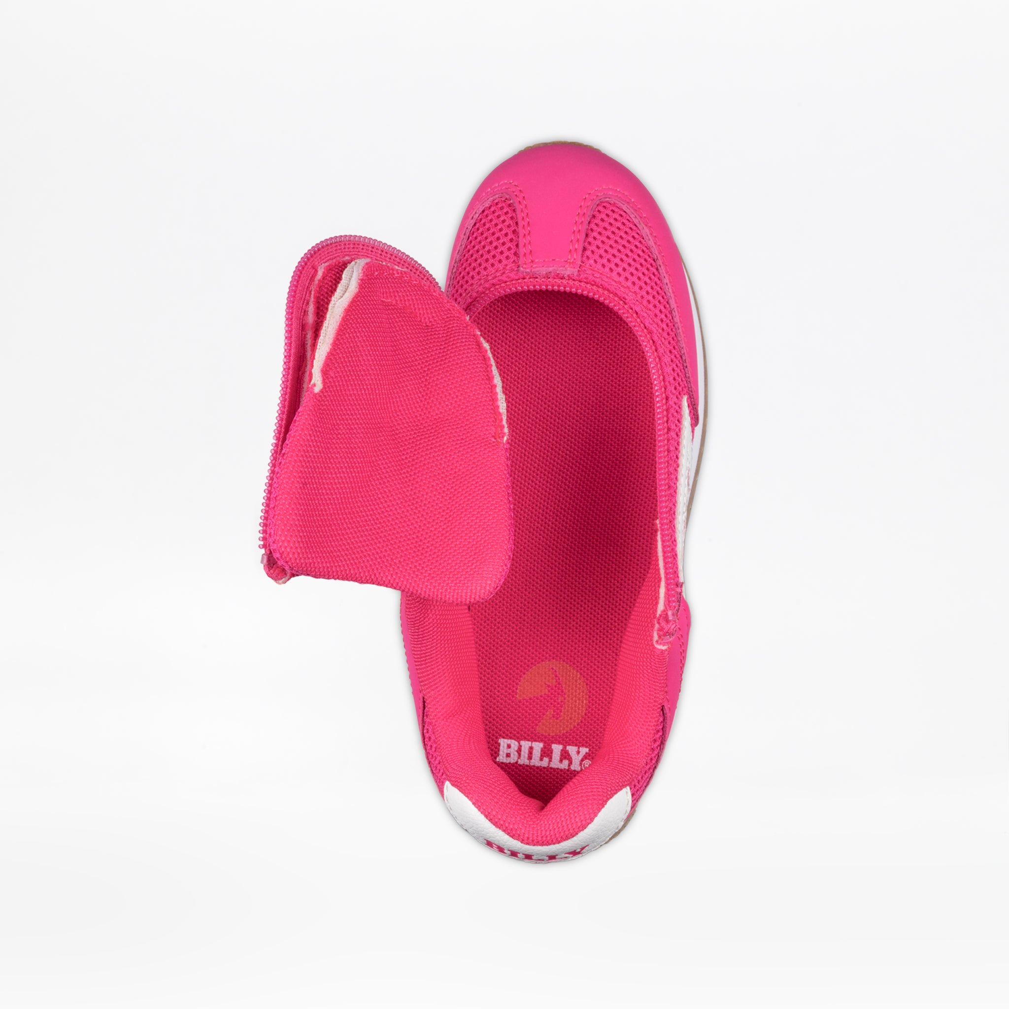 The Fuchsia BILLY Retro Jogger by BILLY Footwear is shown with the toe unzipped and flap open, revealing the branded interior and footbed. The sneaker has a white sole and is displayed against a white background.