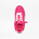 A Fuchsia BILLY Retro Jogger kids' sneaker by BILLY Footwear features white laces, a side zipper, and the BILLY logo on the tongue and insole. Shown from above on a white background.