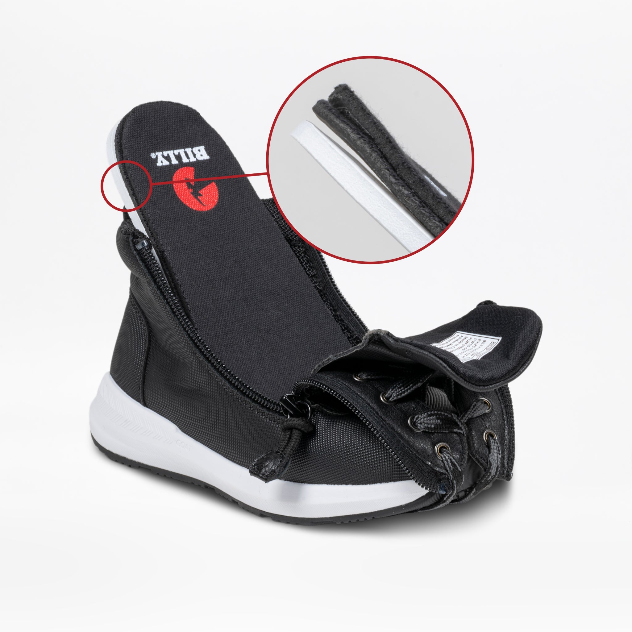 The Kids'/Toddler BILLY Goat DZ High by BILLY Footwear is a black and white, orthotic-friendly sneaker with an open, outward-folded upper revealing the interior. A circular inset shows a close-up of the shoe’s cushioned side material.