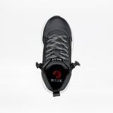 Top view of the Kids'/Toddler BILLY Goat DZ High by BILLY Footwear: a black athletic shoe with gray laces, side zipper for easy access, red logo and "BILLY" on the insole. Orthotic friendly design offers all-day support and comfort.