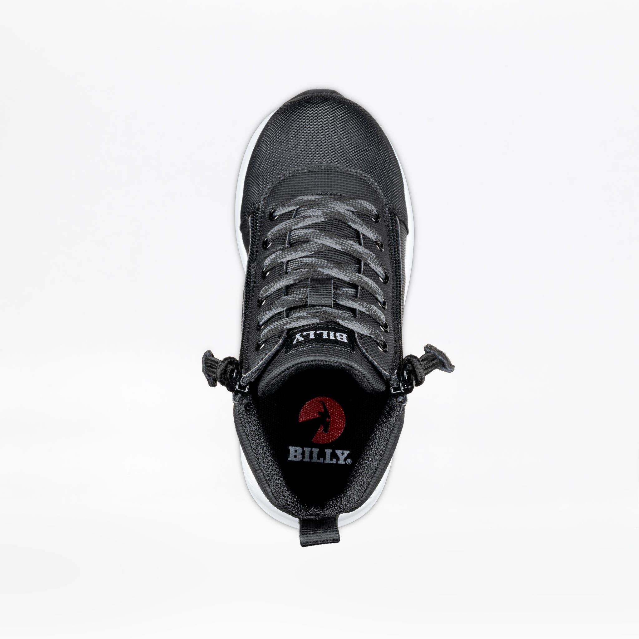 Top view of the Kids'/Toddler BILLY Goat DZ High by BILLY Footwear: a black athletic shoe with gray laces, side zipper for easy access, red logo and "BILLY" on the insole. Orthotic friendly design offers all-day support and comfort.
