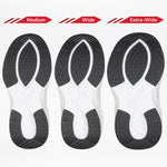 Three Black BILLY Limitless soles by BILLY Footwear are shown side by side—Medium, Wide, and Extra-Wide—with black tread patterns and white midsoles, highlighting the width differences in these adaptive shoes.