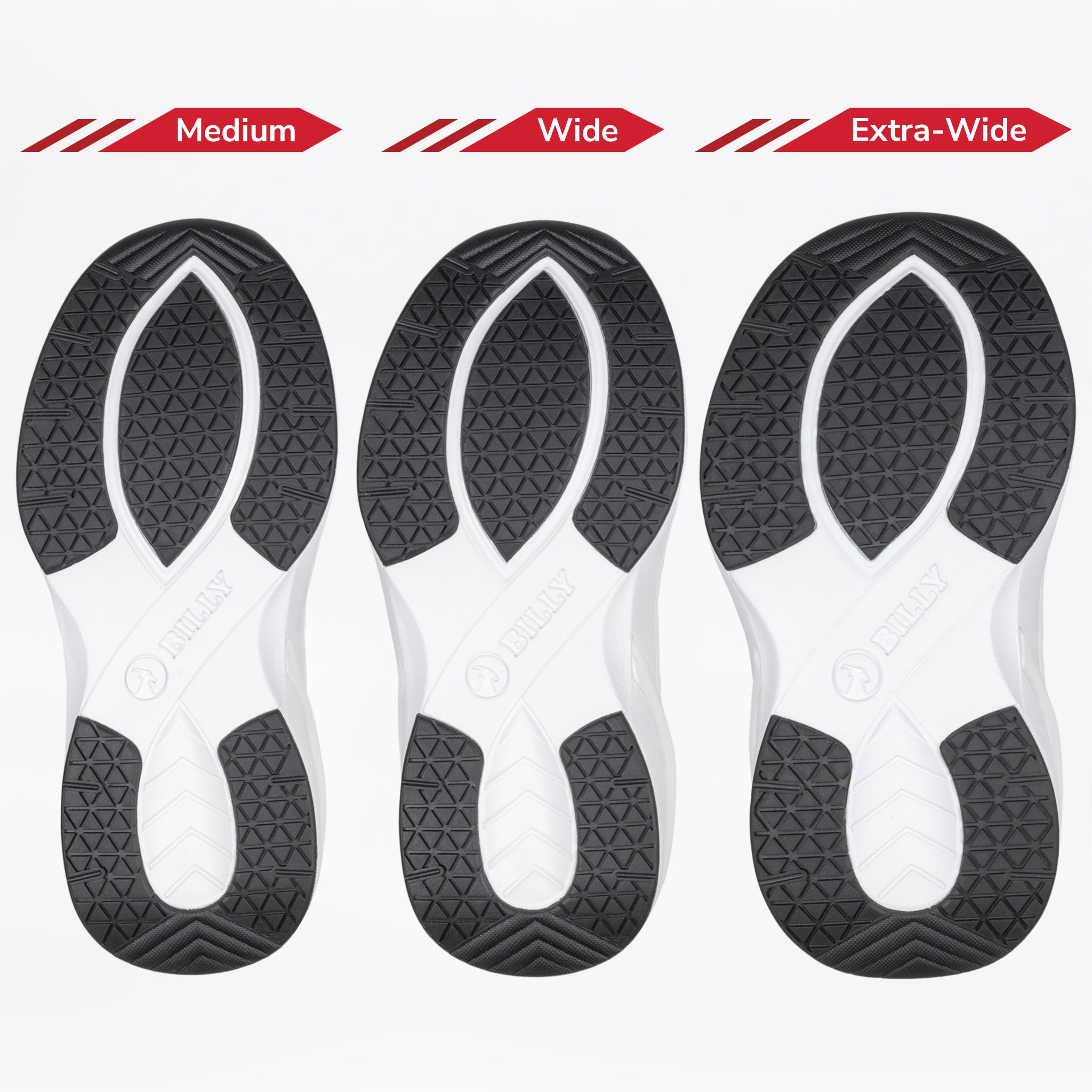 Three Black BILLY Limitless soles by BILLY Footwear are shown side by side—Medium, Wide, and Extra-Wide—with black tread patterns and white midsoles, highlighting the width differences in these adaptive shoes.