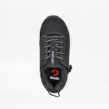 The Black BILLY Limitless by BILLY Footwear is an adaptive athletic shoe with gray laces, a “LIMITLESS” tag on the tongue, a red BILLY logo insole, and the signature Full Wrap Zipper for easy access.