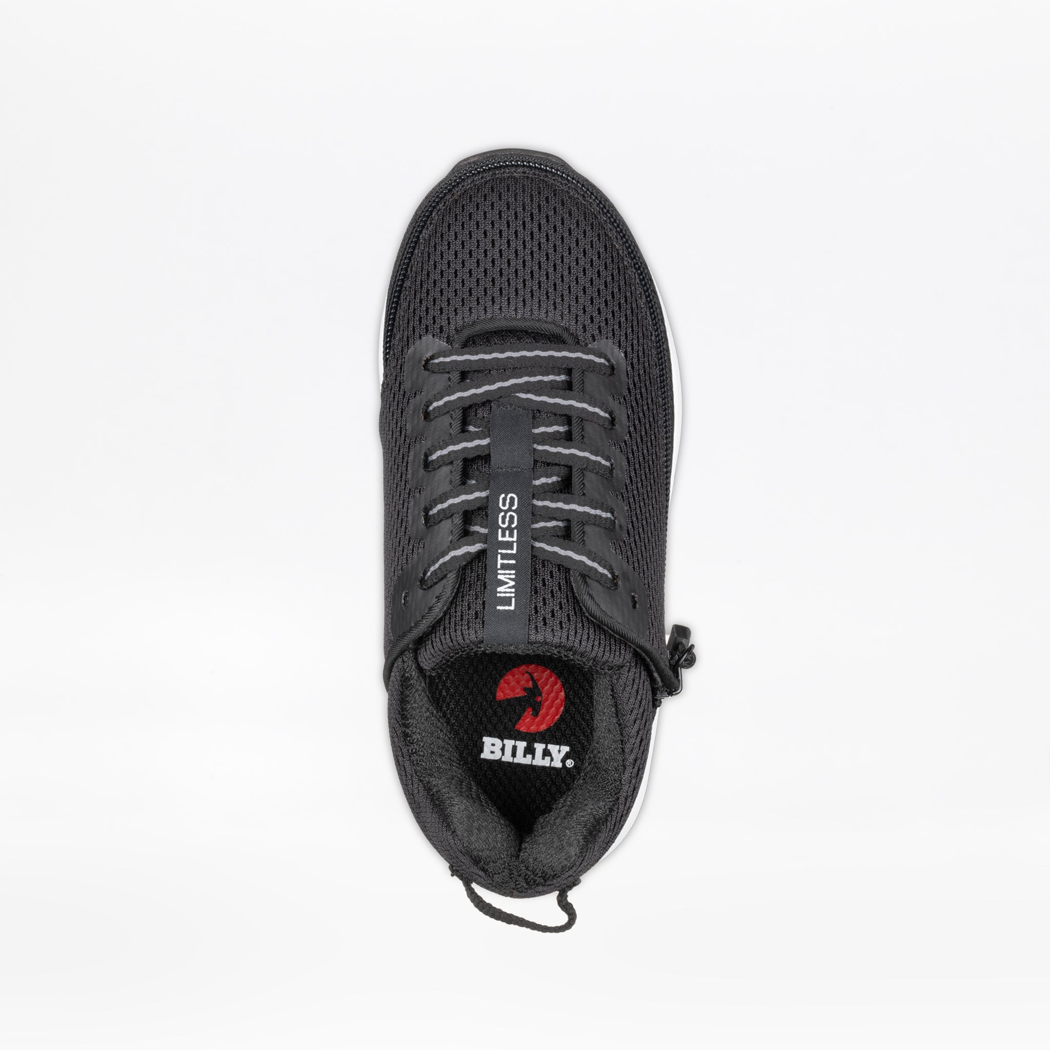The Black BILLY Limitless by BILLY Footwear is an adaptive athletic shoe with gray laces, a “LIMITLESS” tag on the tongue, a red BILLY logo insole, and the signature Full Wrap Zipper for easy access.