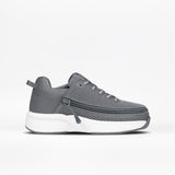 The Charcoal BILLY Limitless by BILLY Footwear is an adaptive kids' sneaker with a mesh upper, white sole, and horizontal zipper above the sole, shown on a plain white background.