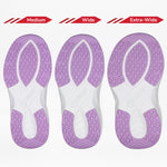 Three Lilac Watercolor BILLY Limitless soles from BILLY Footwear, in Medium, Wide, and Extra-Wide widths, are shown side by side to display the sensory-friendly shoe’s width options with purple and white treads.