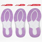 Three Lilac Watercolor BILLY Limitless soles from BILLY Footwear, in Medium, Wide, and Extra-Wide widths, are shown side by side to display the sensory-friendly shoe’s width options with purple and white treads.