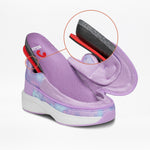 The BILLY Footwear Lilac Watercolor BILLY Limitless is a lavender platform sandal with mesh fabric and a white sole, shown in close-up to reveal black, red, and purple cushioning—an adaptive shoe designed for comfort.