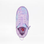 Top view of the Lilac Watercolor BILLY Limitless orthopedic kids' shoe by BILLY Footwear, featuring a pastel lavender and pink tie-dye pattern, lavender laces, side zipper, "LIMITLESS" on the tongue, and a red Billy logo on the insole. White background.