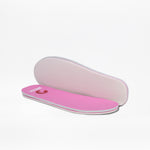 Two pink insoles with white edges are shown on a white background, ideal for the BILLY Footwear Pink Glitz BILLY Classic Lace High sneakers with wraparound zippers. One insole shows the top side flat, the other displays the bottom standing up.