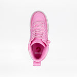 Top view of a Pink Glitz BILLY Classic Lace High kids sneaker by BILLY Footwear, featuring laces, a wraparound zipper, and BILLY branding on the insole, shown against a white background.